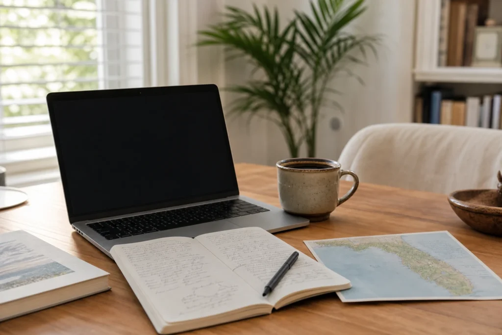 Editor’s desk with breakfast notes, a laptop, coffee, and a Florida map