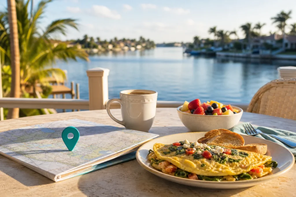 Sunny Florida breakfast outing inspired by Cape Coral with a map marker and cafe table