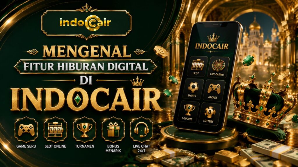Banner Mengenal Fitur Hiburan Digital di INDOCAIR dengan ilustrasi ponsel, ikon permainan digital, mahkota, koin emas, dan nuansa hijau mewah.