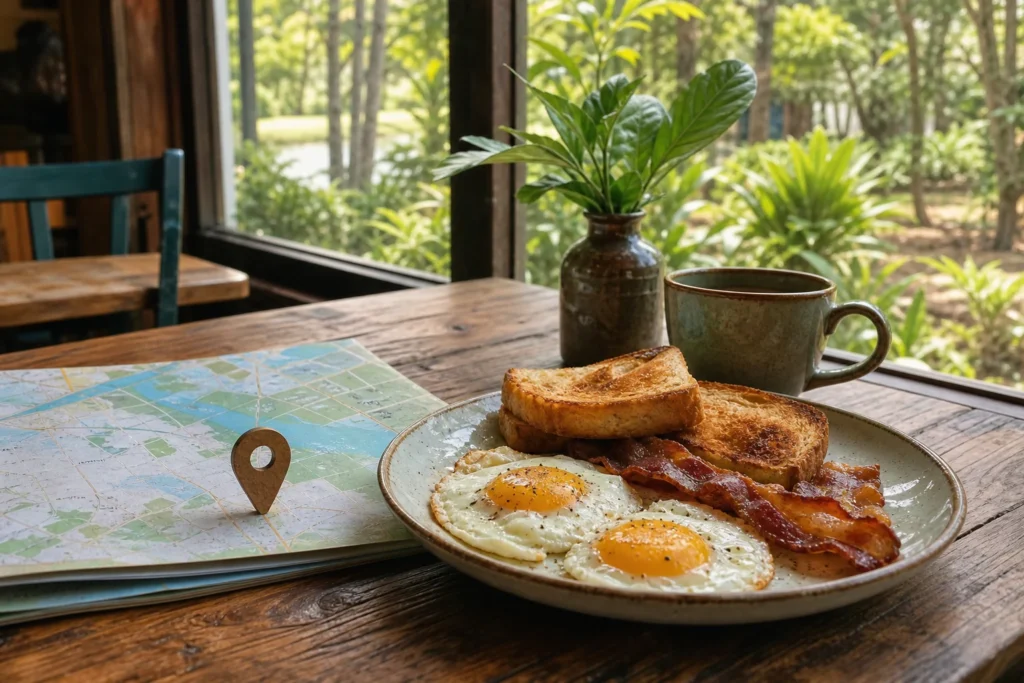 Sunny Florida breakfast outing inspired by Chickasaw with a map marker and cafe table