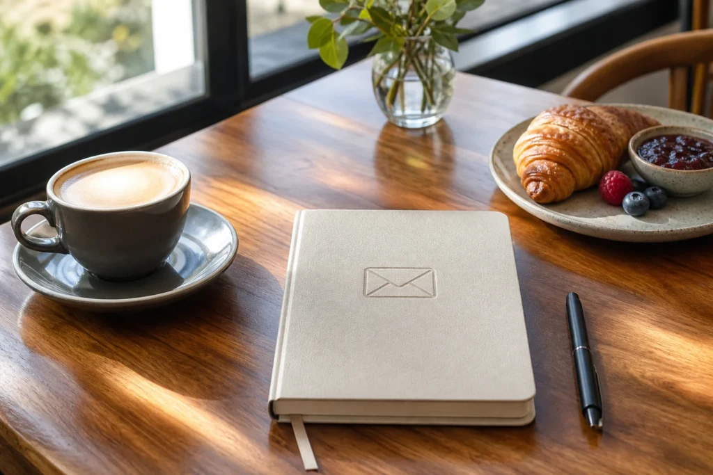 Notebook with an email symbol beside coffee and a breakfast plate