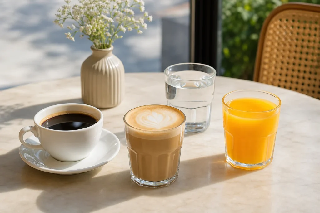 Breakfast table with coffee, orange juice, and a glass of water