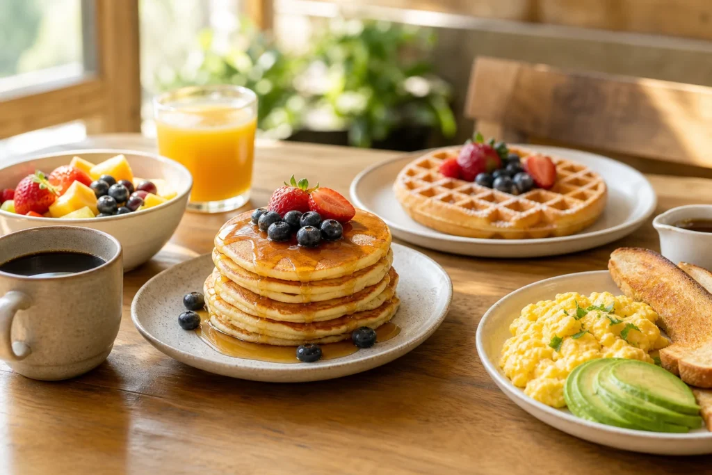 Bright breakfast table with pancakes, waffles, eggs, fruit, coffee, and juice