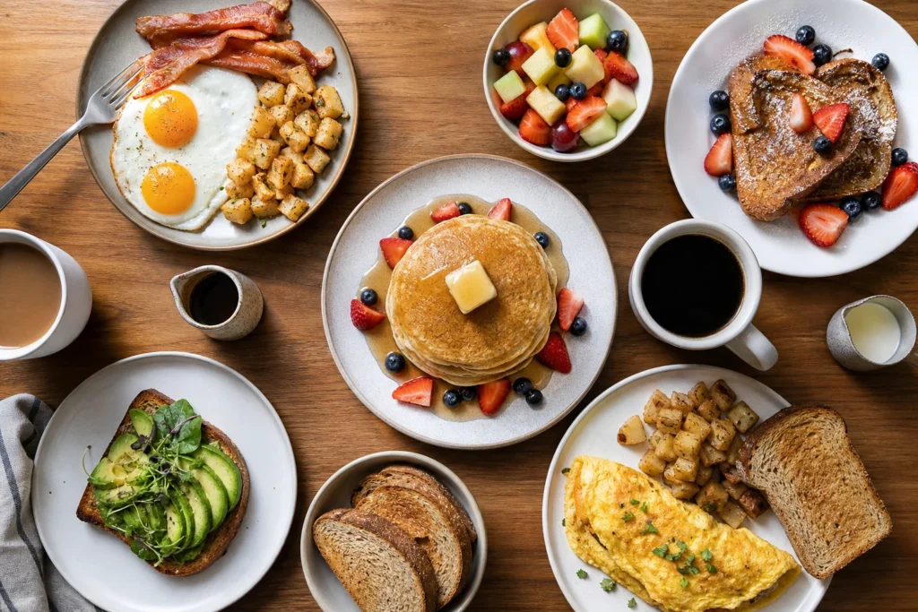 Overhead view of a varied breakfast menu with pancakes, eggs, toast, fruit, and coffee