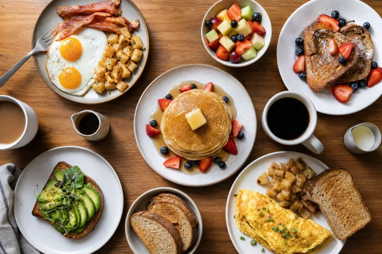 Overhead view of a varied breakfast menu with pancakes, eggs, toast, fruit, and coffee