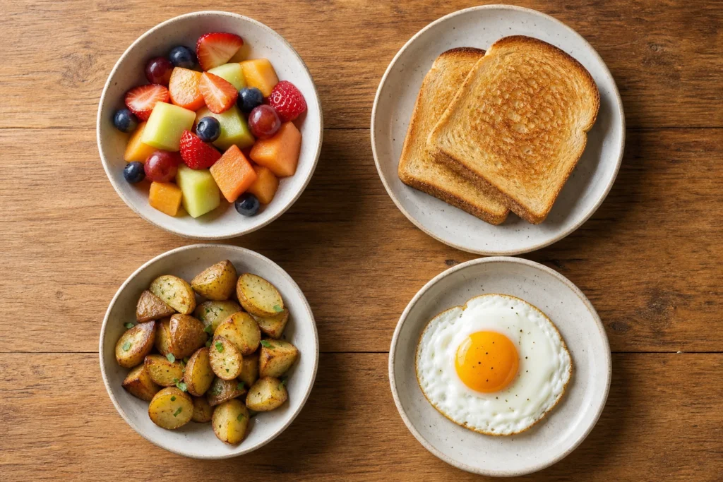 Assortment of breakfast side dishes including fruit, toast, potatoes, and egg