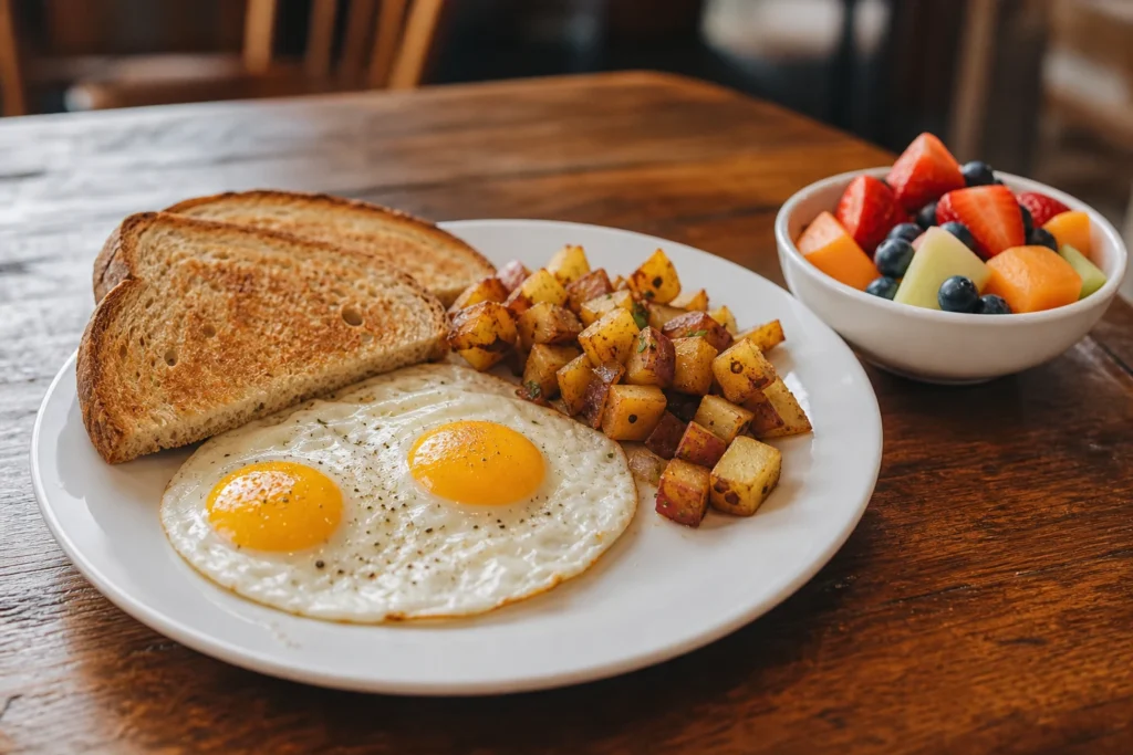 Sunny breakfast plate with eggs, toast, potatoes, and fresh fruit