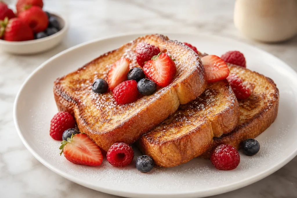 Thick-cut French toast with fresh berries and a light dusting of sugar