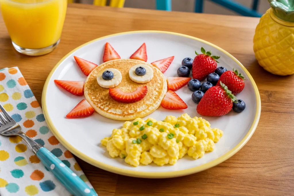 Colorful child-sized breakfast with a small pancake, fruit, and egg