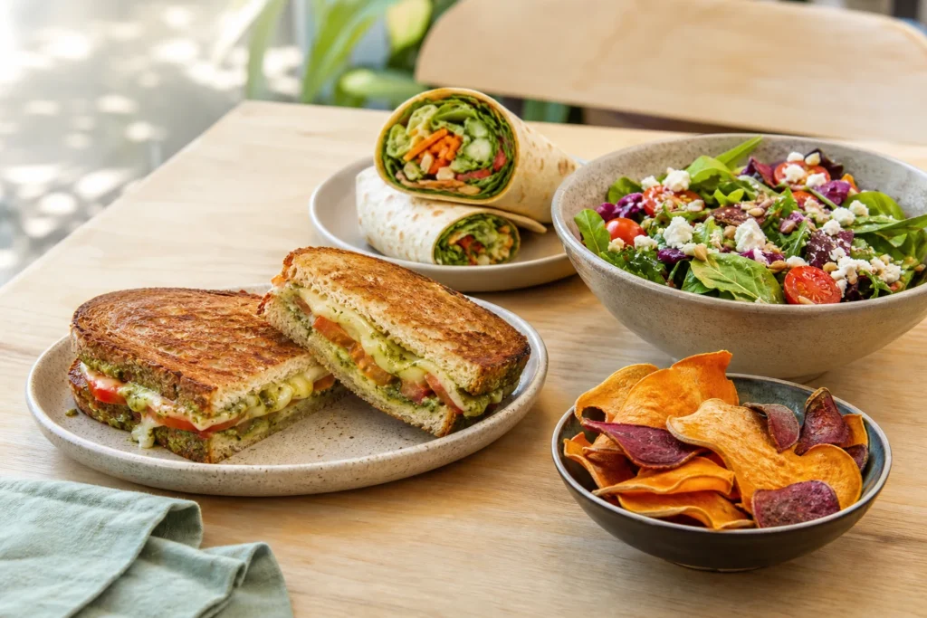 Fresh lunch spread with a sandwich, wrap, salad, and crisp side