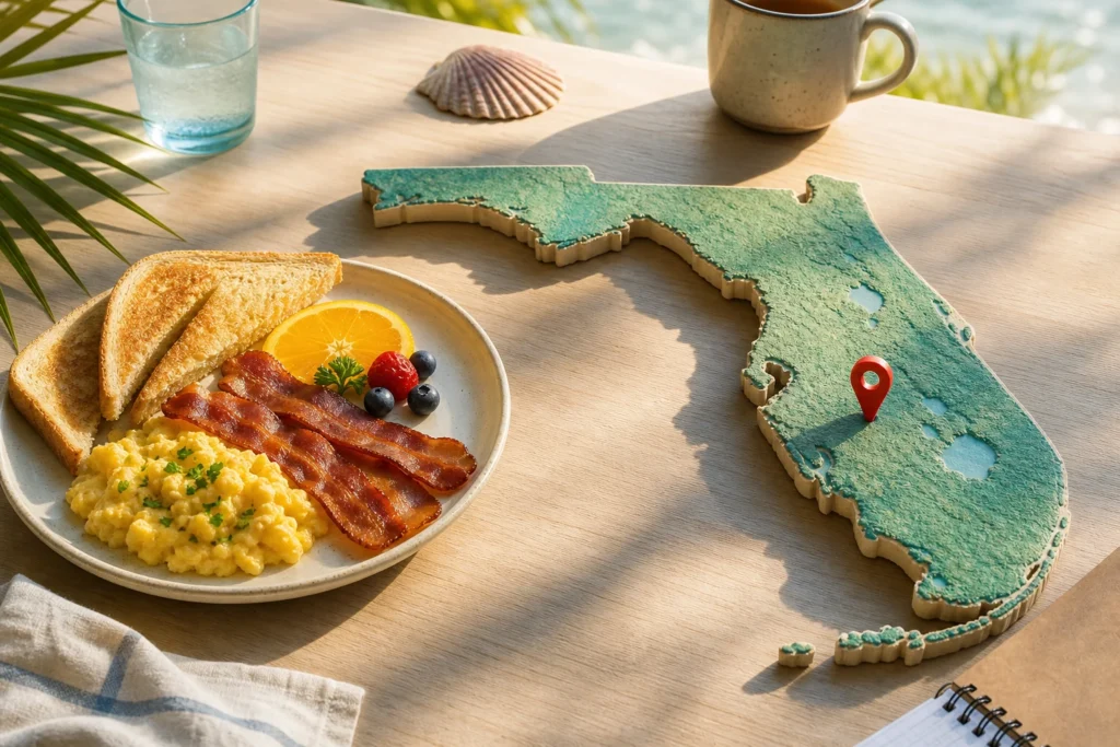 Florida travel map beside breakfast dishes and a location marker