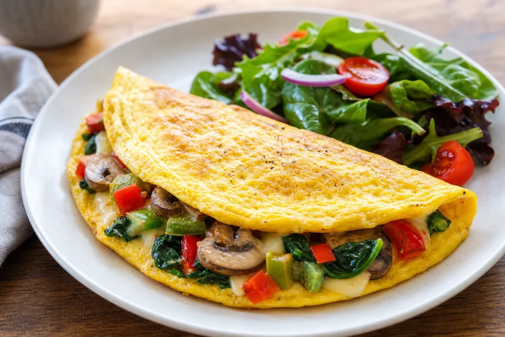 Folded breakfast omelet filled with colorful vegetables