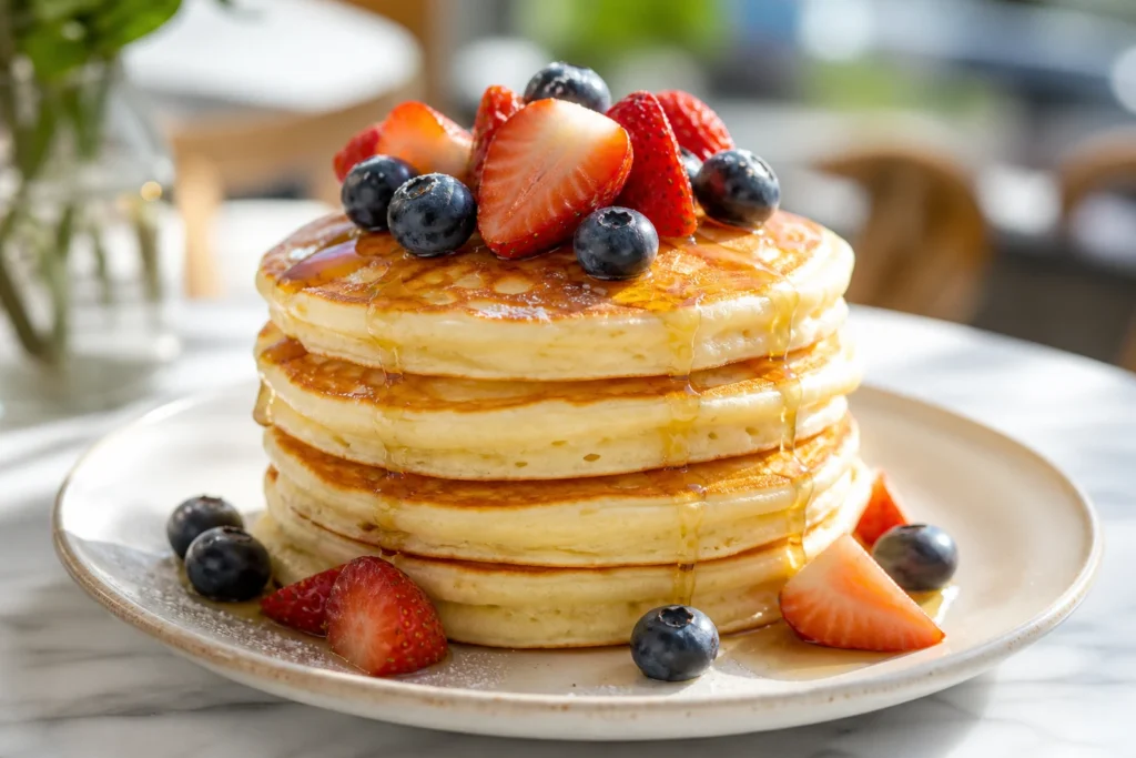 Tall stack of fluffy pancakes with strawberries and maple syrup