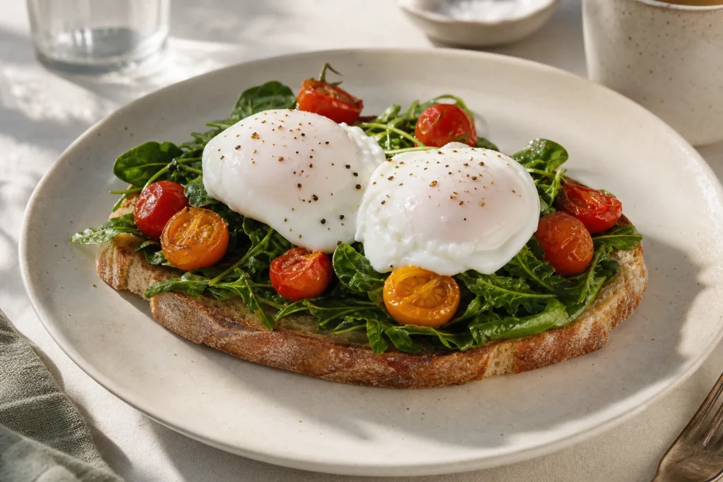Poached eggs served on toast with greens and roasted tomatoes