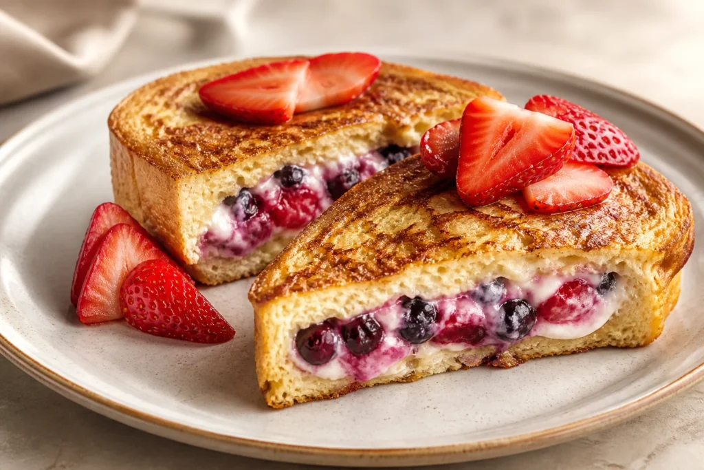 Stuffed French toast with a creamy center and sliced fruit