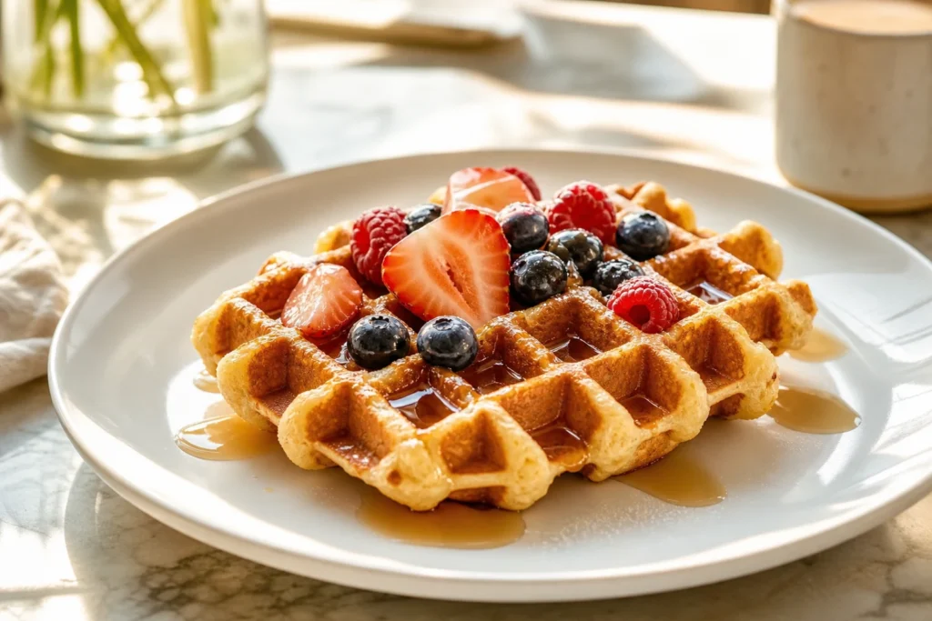 Golden breakfast waffles with berries and syrup on a white plate