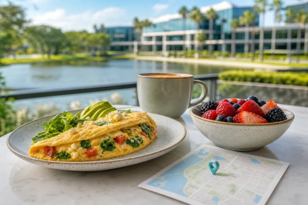 Sunny Florida breakfast outing inspired by Lake Mary with a map marker and cafe table