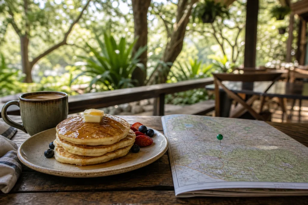 Sunny Florida breakfast outing inspired by Longwood with a map marker and cafe table