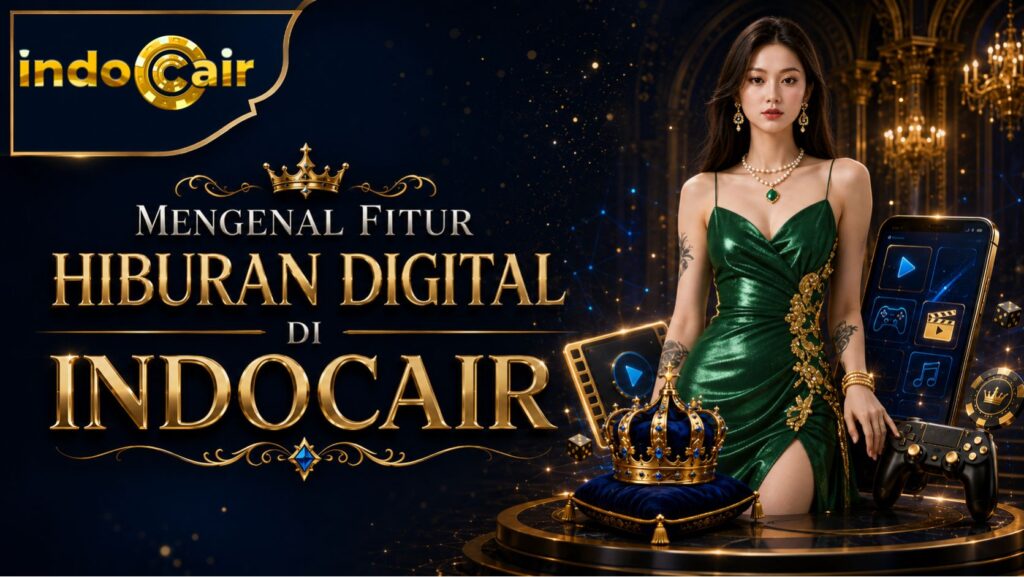 Banner Mengenal Fitur Hiburan Digital di INDOCAIR dengan tema mewah dan elemen hiburan digital.