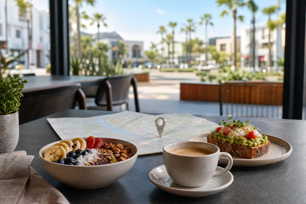 Sunny Florida breakfast outing inspired by MetroWest with a map marker and cafe table