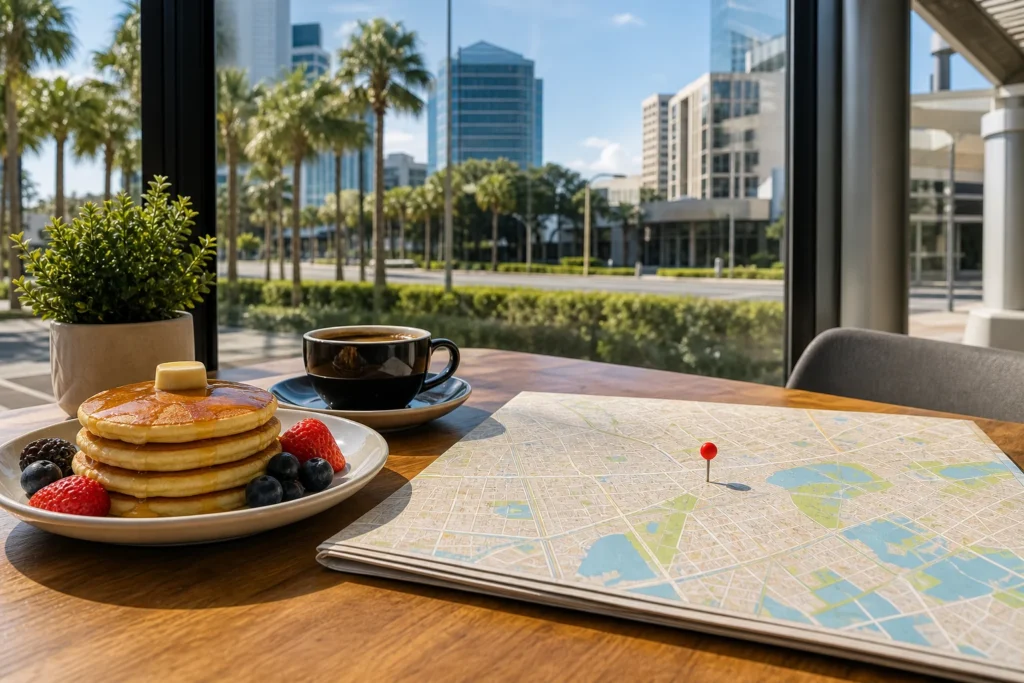 Sunny Florida breakfast outing inspired by Millenia with a map marker and cafe table