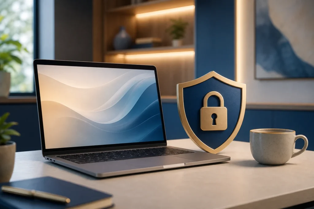 Laptop with a privacy shield beside a cup of coffee on a clean desk