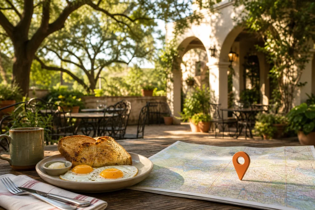 Sunny Florida breakfast outing inspired by Temple Terrace with a map marker and cafe table