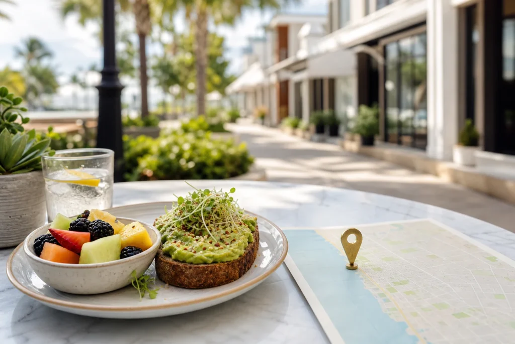 Sunny Florida breakfast outing inspired by The Strand with a map marker and cafe table
