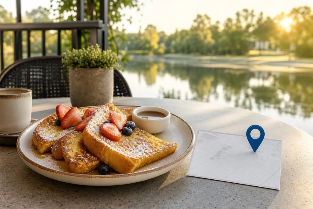 Sunny Florida breakfast outing inspired by Waterford Lakes with a map marker and cafe table