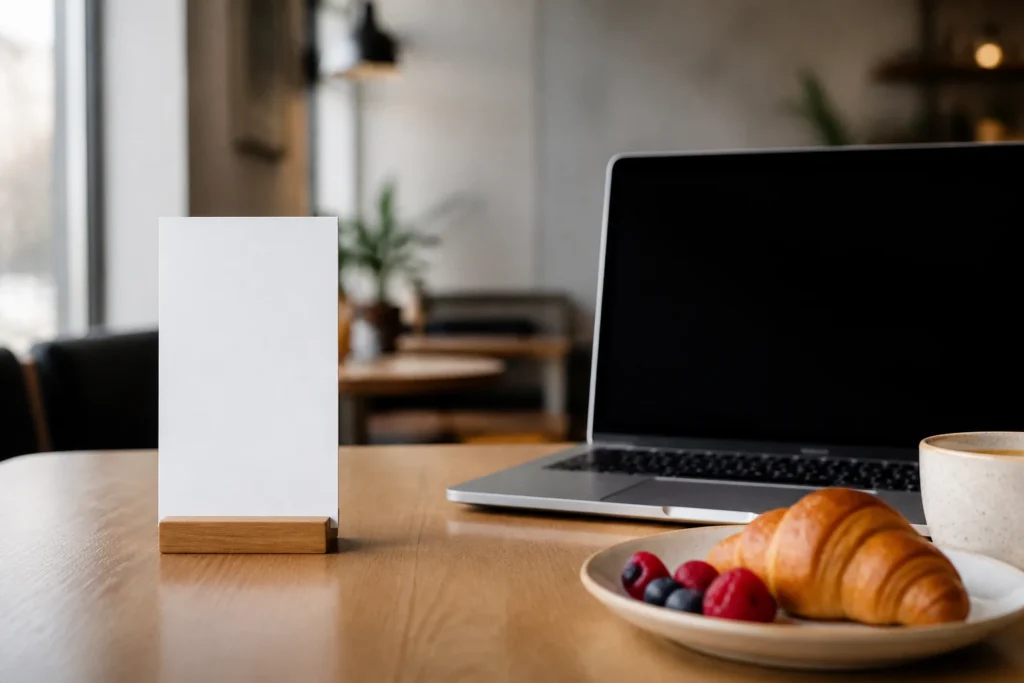 Clear information notice card beside a laptop and breakfast table