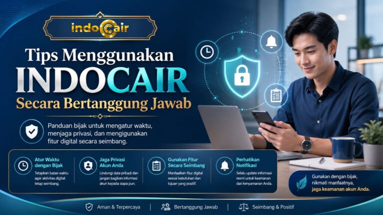 Banner Tips Menggunakan INDOCAIR Secara Bertanggung Jawab dengan ilustrasi pengguna laptop dan ponsel, pengaturan waktu, privasi akun, serta keamanan digital.