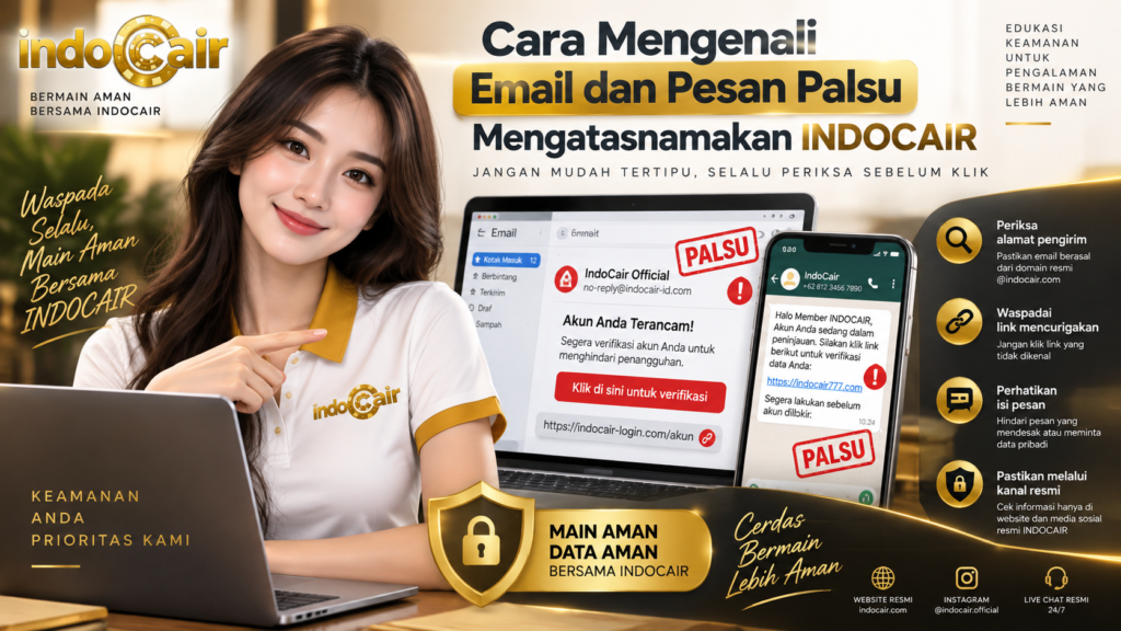 Ilustrasi panduan mengenali email dan pesan palsu mengatasnamakan INDOCAIR dengan laptop, ponsel, dan tanda peringatan phishing