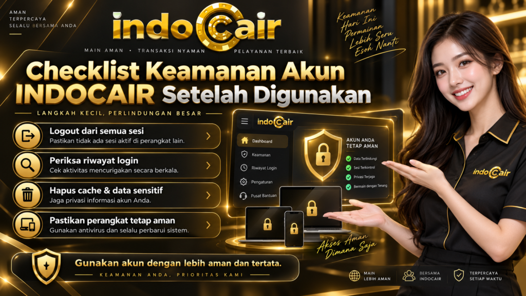 Ilustrasi checklist keamanan akun INDOCAIR setelah digunakan, dengan pemeriksaan sesi login dan perangkat aktif