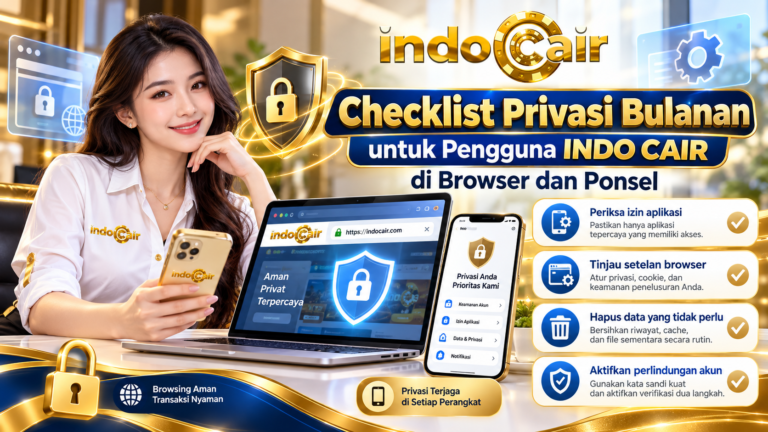 Checklist privasi bulanan untuk pengguna INDO CAIR di browser dan ponsel, mencakup izin aplikasi, pengaturan browser, data tersimpan, dan perlindungan akun.