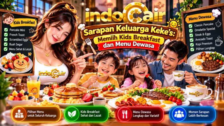 Ilustrasi sarapan keluarga Keke’s dengan pilihan Kids Breakfast, pancake, telur, buah segar, menu dewasa, dan wanita berlogo IndoCair.